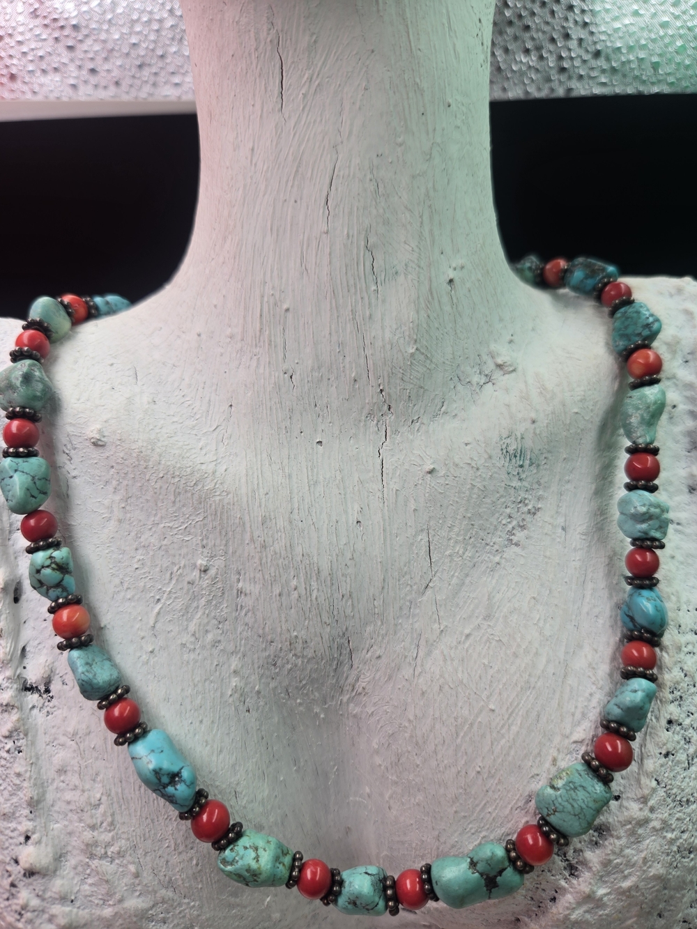 925 Sterling Silver Turquoise and Red Stone Beaded Necklace